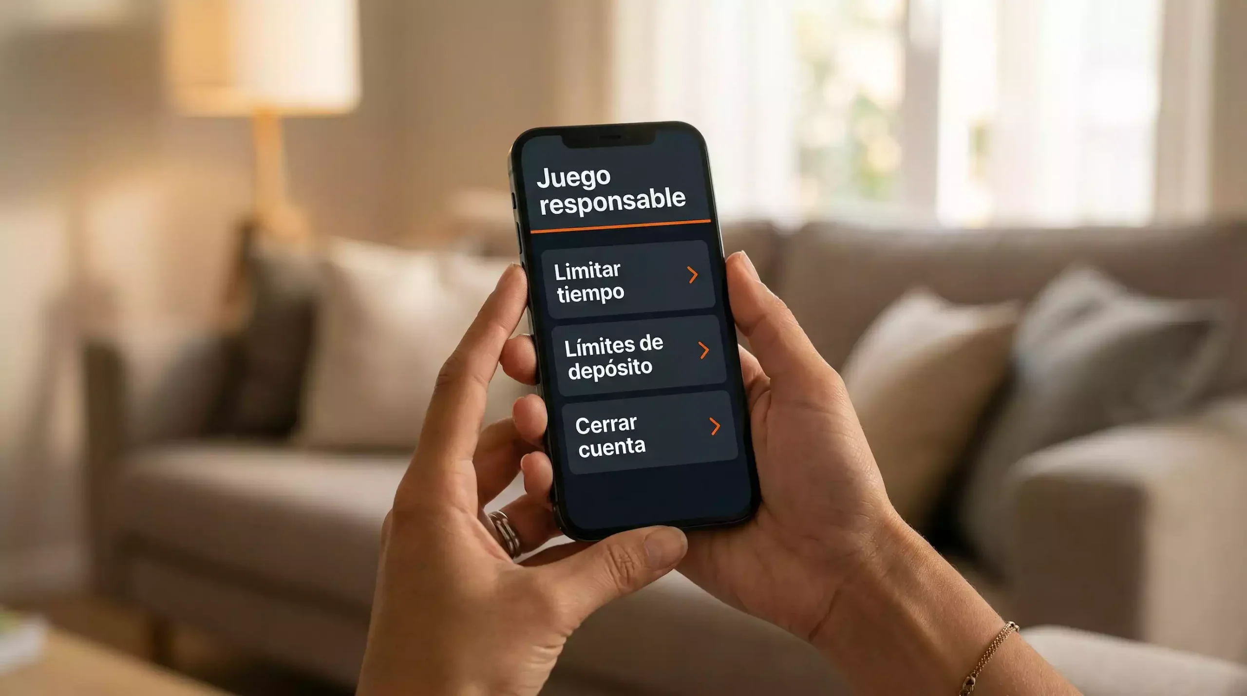 Persona revisando teléfono con aplicación de apuestas mostrando límites y controles responsables
