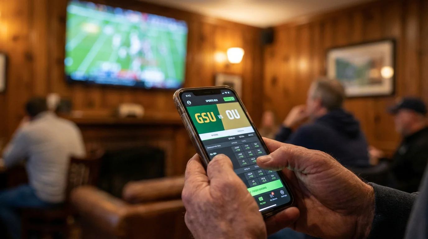 Pantalla de móvil mostrando aplicación de apuestas deportivas con partido de fútbol americano universitario