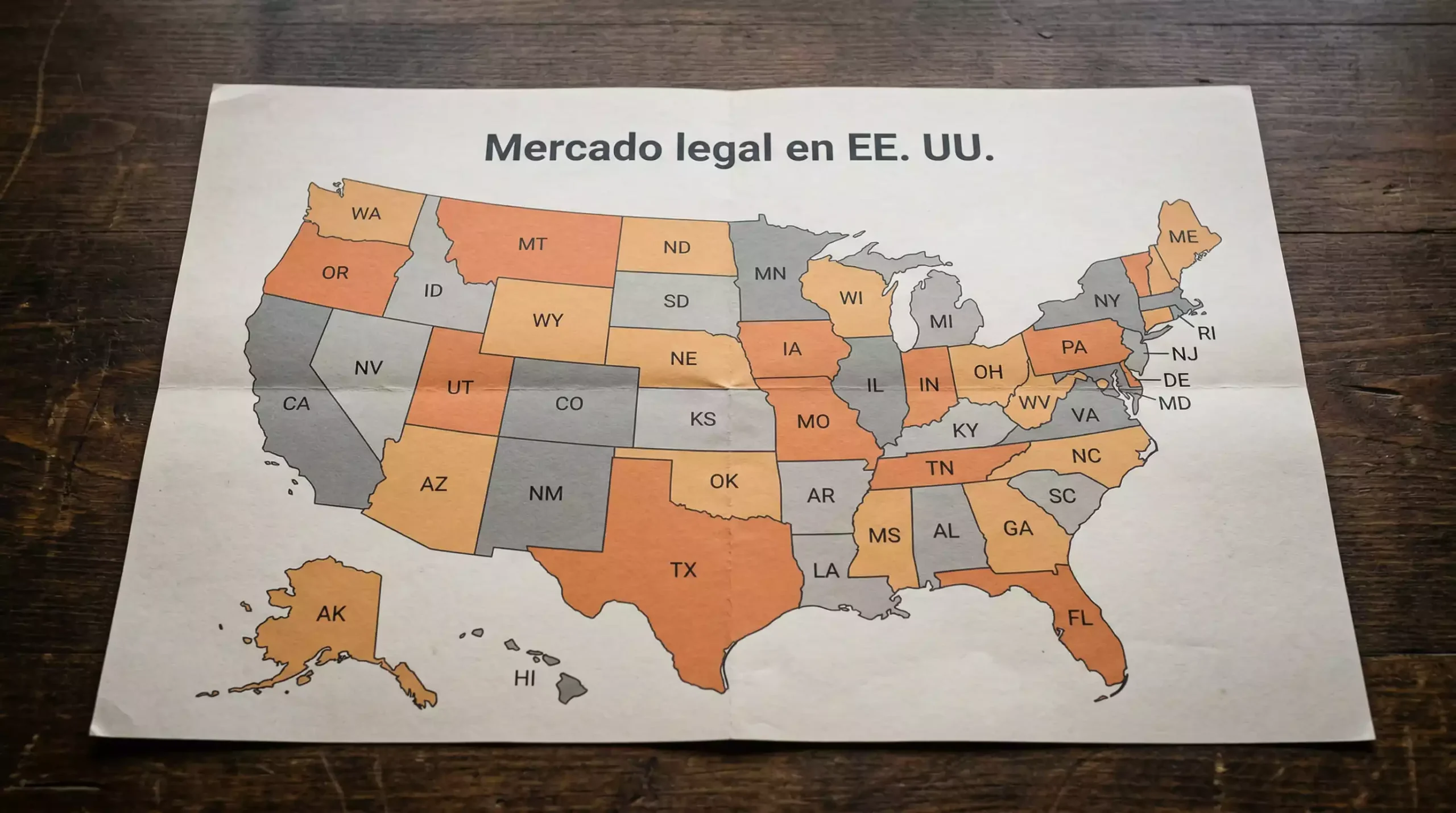 Mapa de Estados Unidos con estados destacados representando mercados de apuestas legales