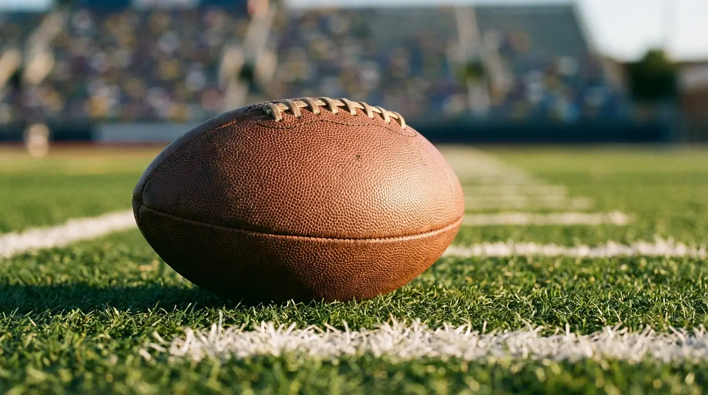 Balón de fútbol americano sobre campo verde con líneas de yardas marcadas
